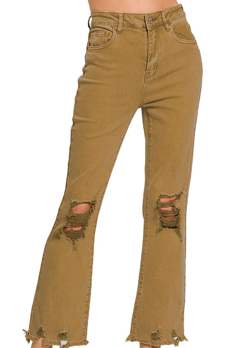 20% OFF! Zenana The Macie Deep Camel High Waist Distressed Straight Pants
