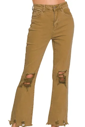 20% OFF! Zenana The Macie Deep Camel High Waist Distressed Straight Pants