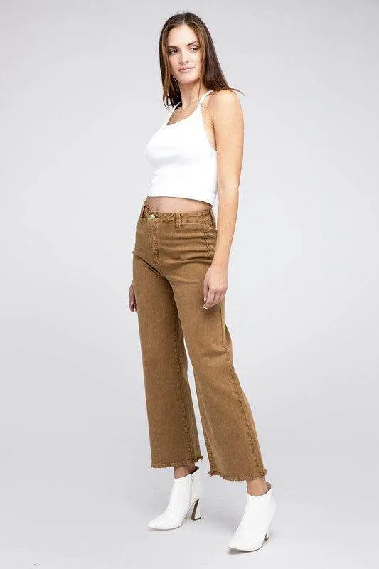 Acid Wash Frayed Cutoff Hem Straight Wide Pants