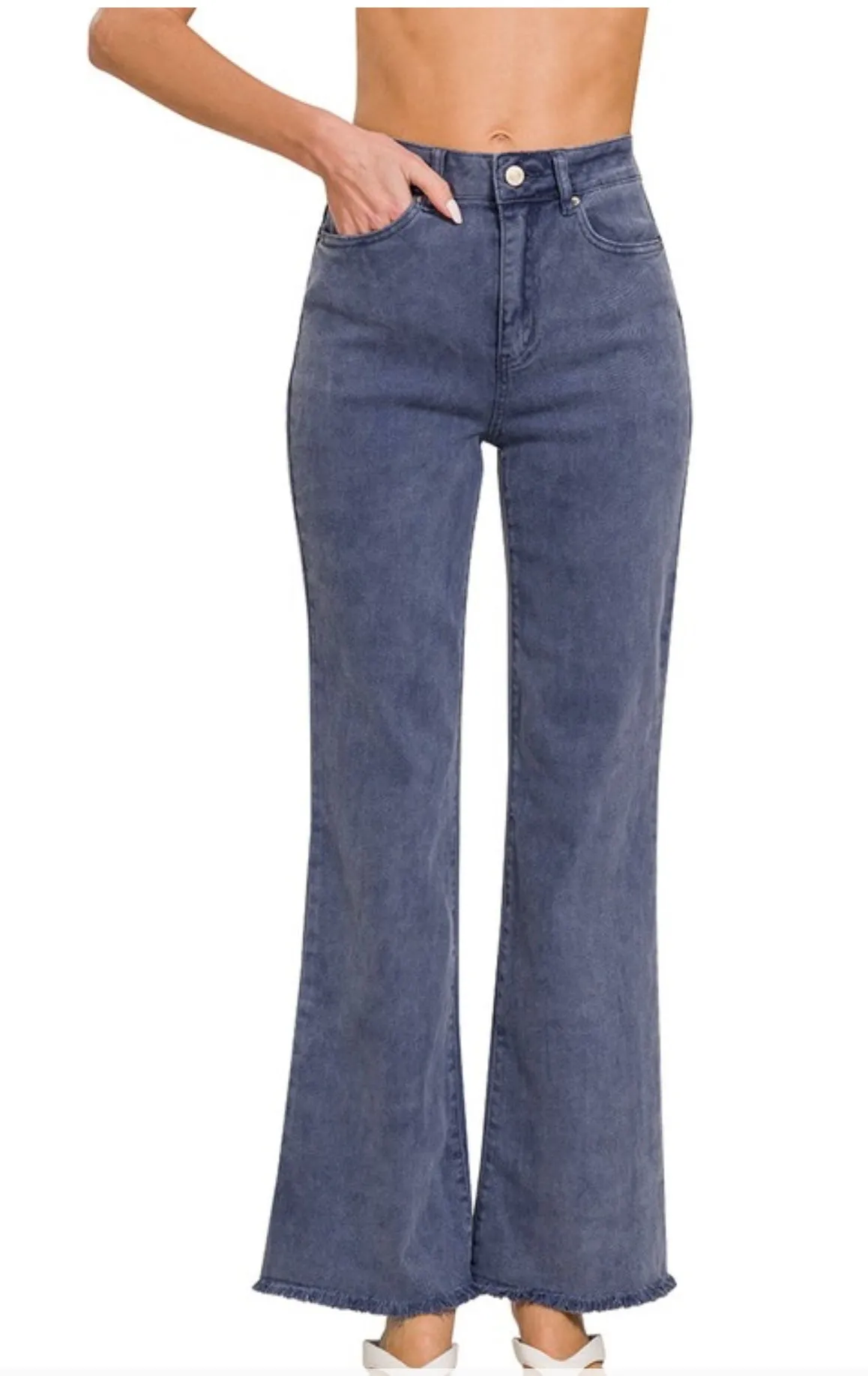 Acid Washed Frayed Cutoff Hem Straight Denim