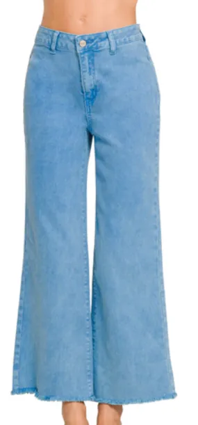 ACID WASHED FRAYED CUTOFF HEM Straight Wide Pants
