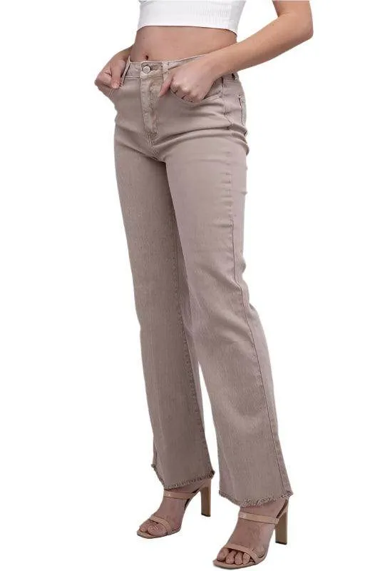 Acid Washed Frayed Cutoff Hem Straight Wide Pants