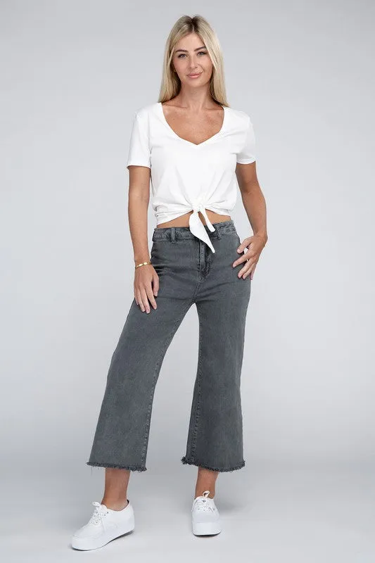 Acid Washed High Waist Frayed Hem Straight Pants - Zenana