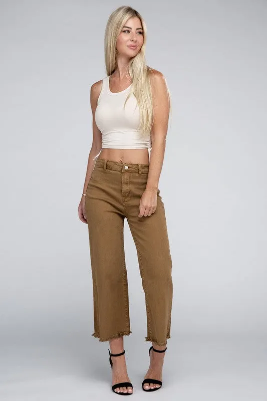Acid Washed High Waist Frayed Hem Straight Pants - Zenana