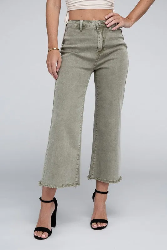 Acid Washed High Waist Frayed Hem Straight Pants - Zenana