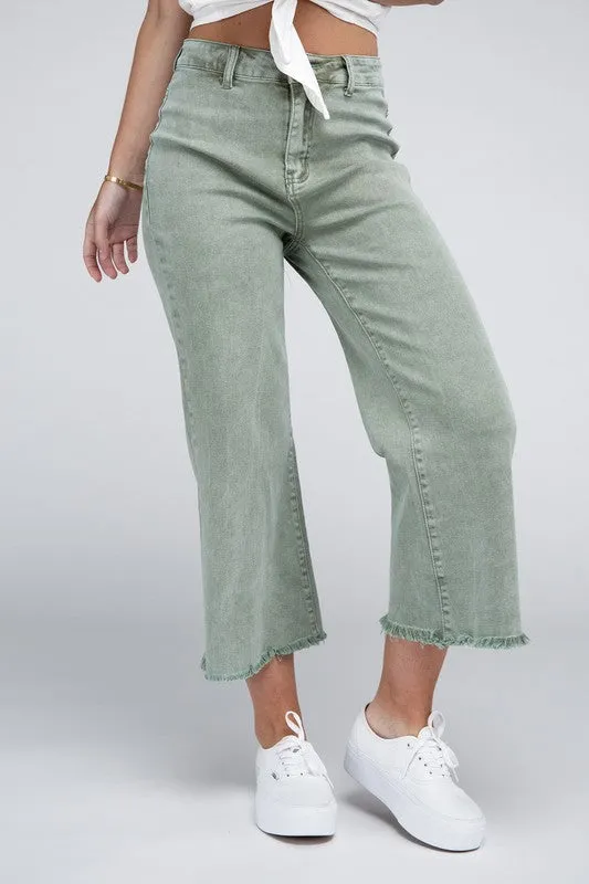 Acid Washed High Waist Frayed Hem Straight Pants - Zenana