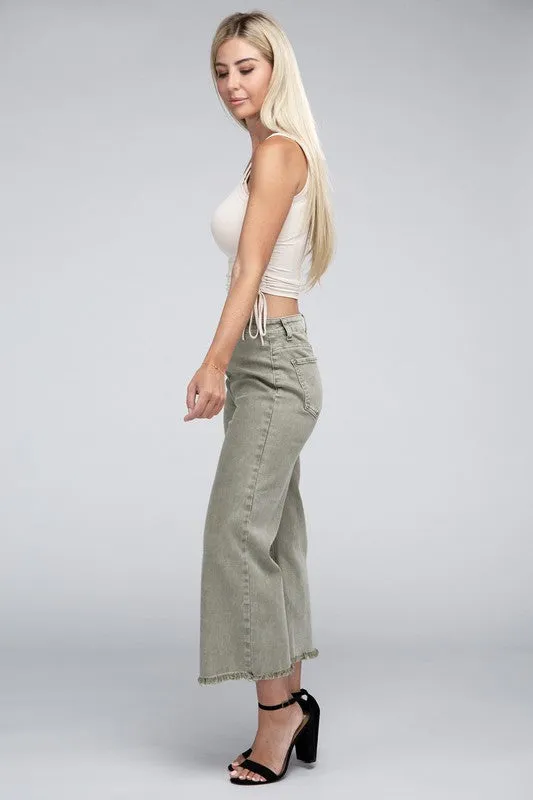 Acid Washed High Waist Frayed Hem Straight Pants - Zenana