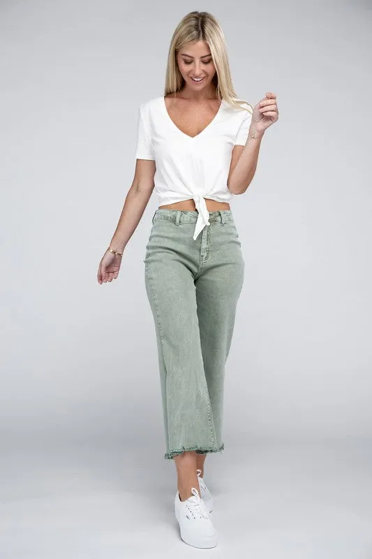 Acid Washed High Waist Frayed Hem Straight Pants - Zenana