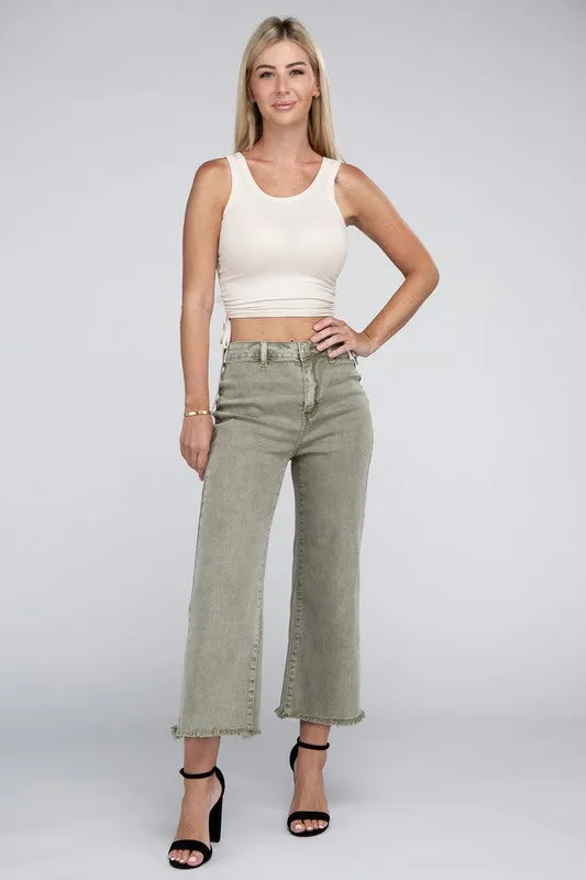 Acid Washed High Waist Frayed Hem Straight Pants - Zenana