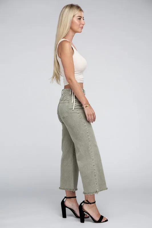 Acid Washed High Waist Frayed Hem Straight Pants - Zenana