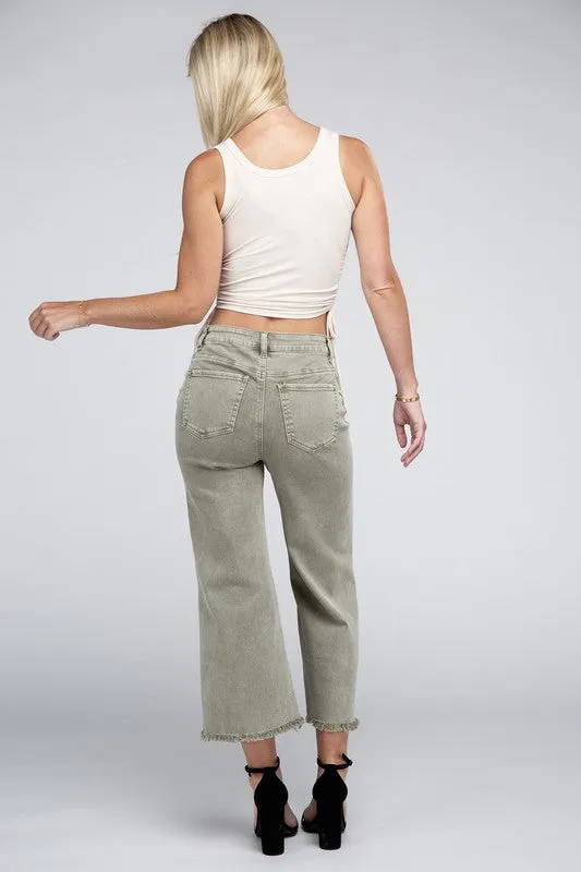 Acid Washed High Waist Frayed Hem Straight Pants - Zenana