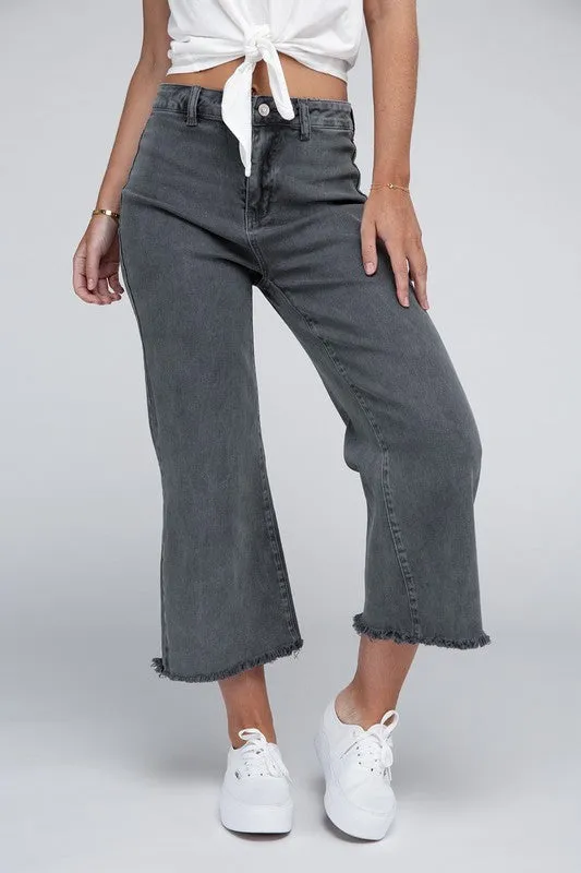 Acid Washed High Waist Frayed Hem Straight Pants - Zenana
