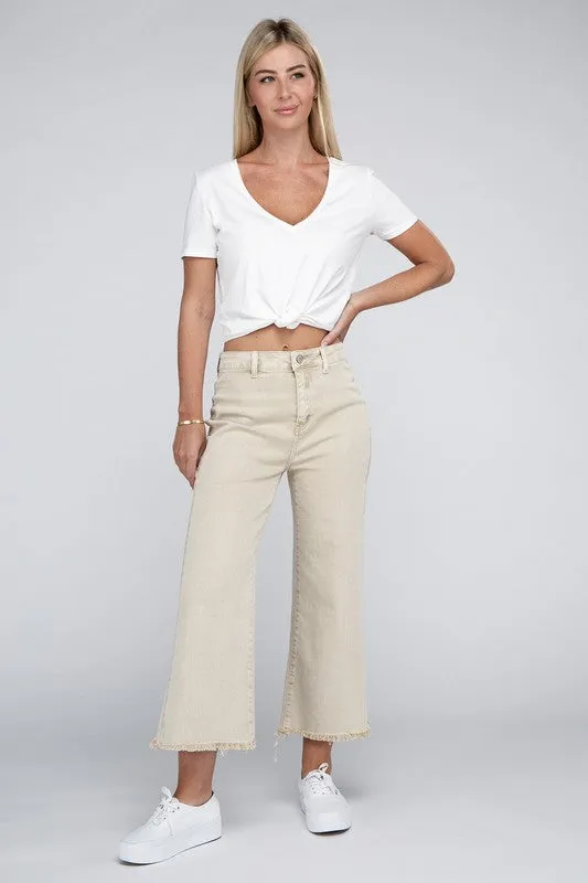 Acid Washed High Waist Frayed Hem Straight Pants - Zenana