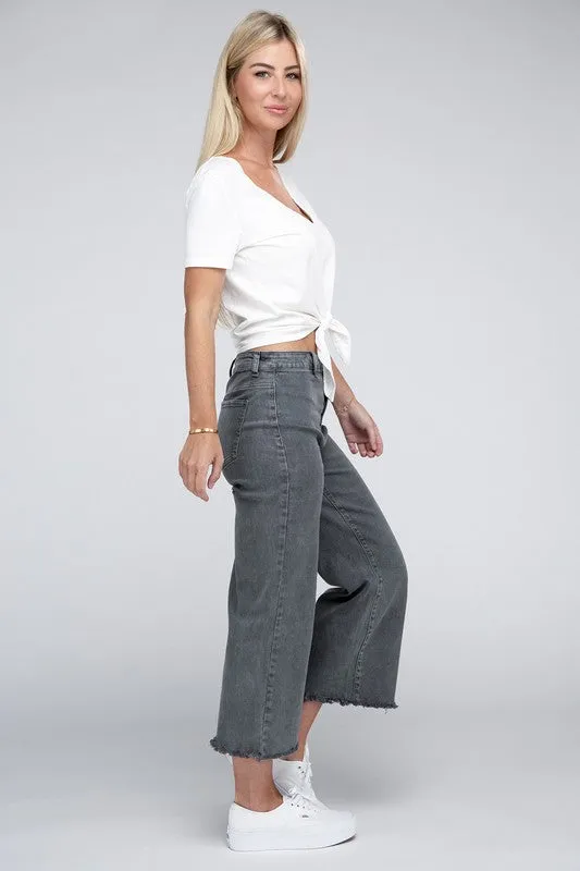 Acid Washed High Waist Frayed Hem Straight Pants - Zenana