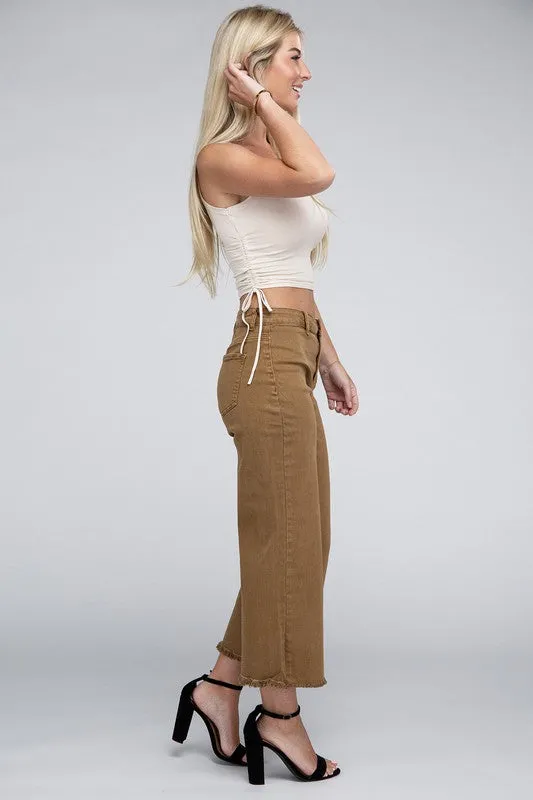 Acid Washed High Waist Frayed Hem Straight Pants - Zenana
