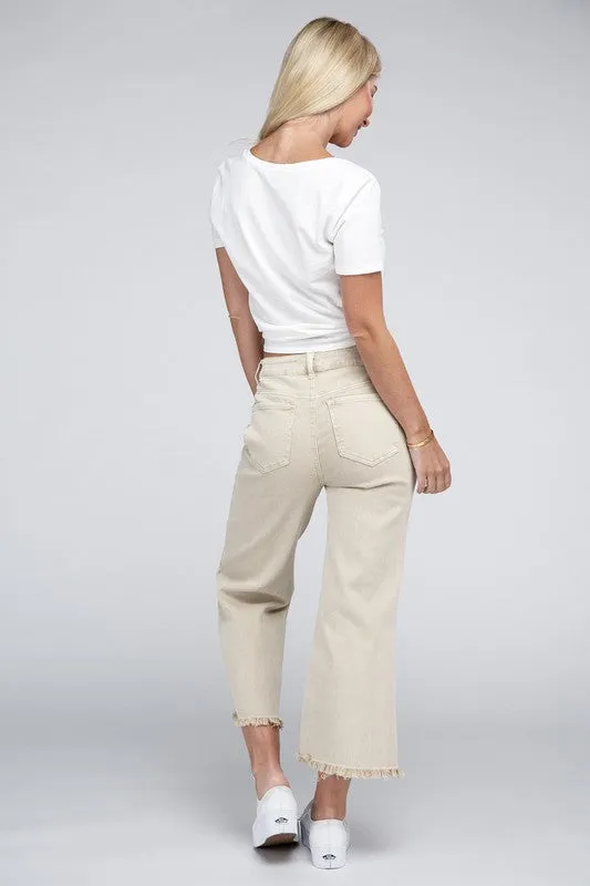 Acid Washed High Waist Frayed Hem Straight Pants - Zenana