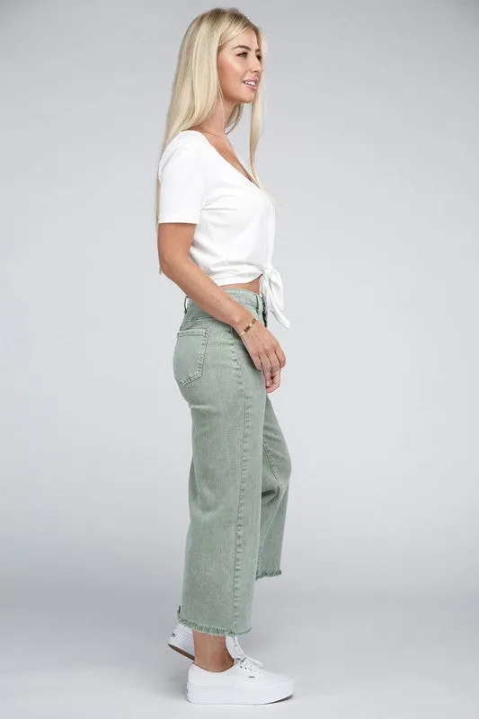 Acid Washed High Waist Frayed Hem Straight Pants - Zenana