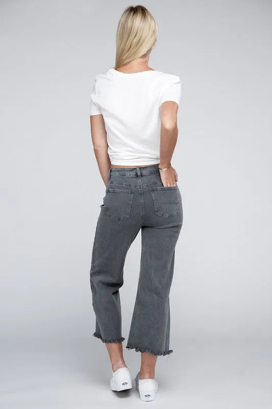 Acid Washed High Waist Frayed Hem Straight Pants - Zenana