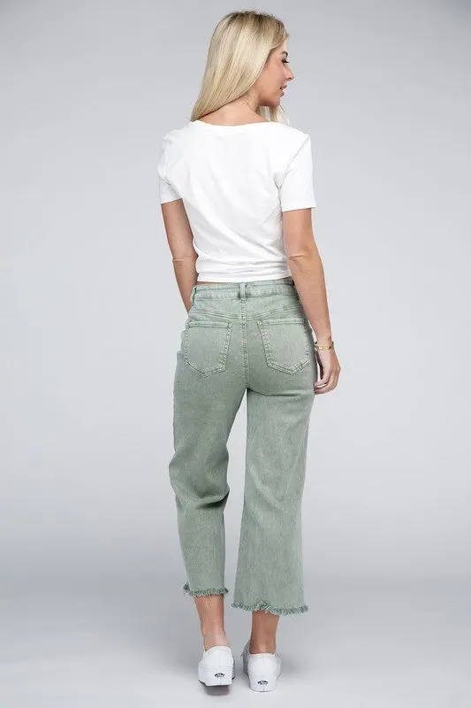 Acid Washed High Waist Frayed Hem Straight Pants - Zenana