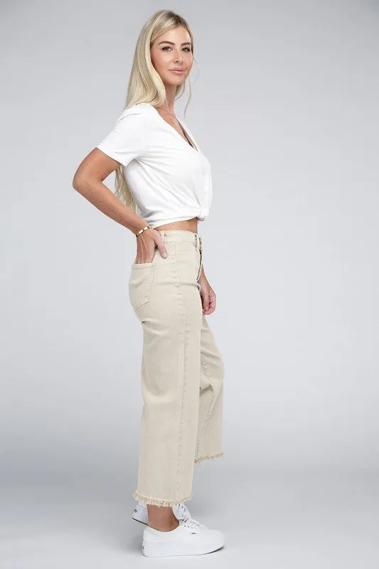 Acid Washed High Waist Frayed Hem Straight Pants - Zenana