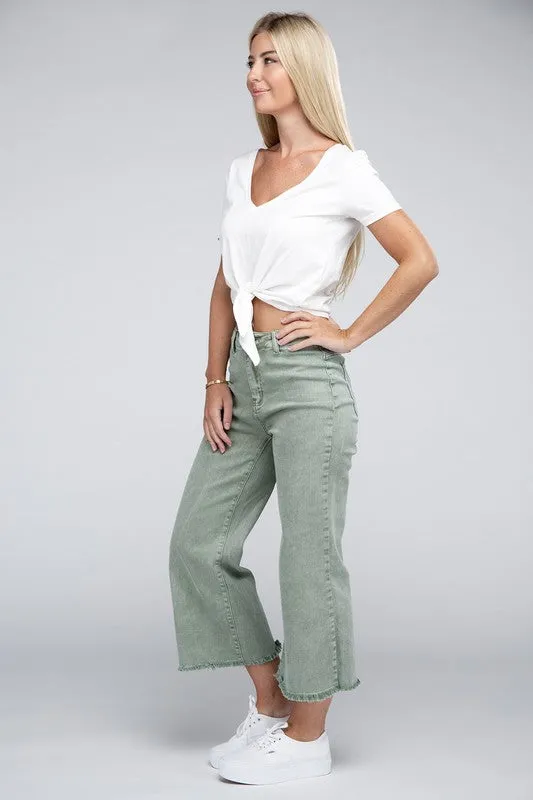 Acid Washed High Waist Frayed Hem Straight Pants - Zenana