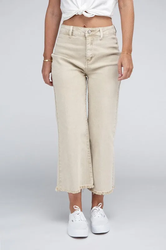 Acid Washed High Waist Frayed Hem Straight Pants - Zenana