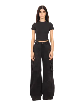 BLACK ACID WASH DENIM CARGO PANTS