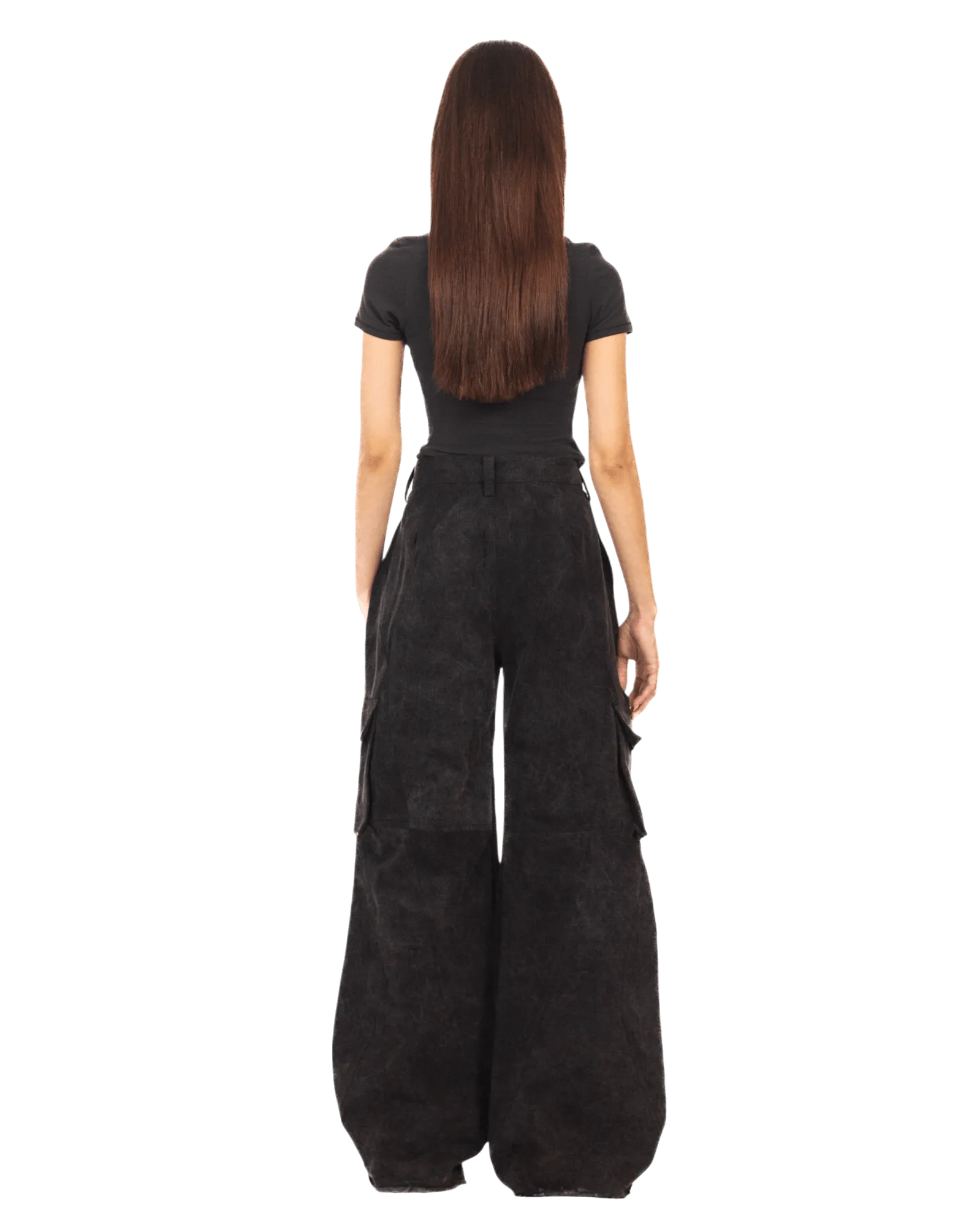 BLACK ACID WASH DENIM CARGO PANTS