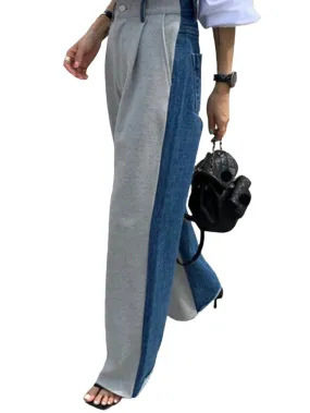 Blue jeans and gray front and back mix fabrics pants