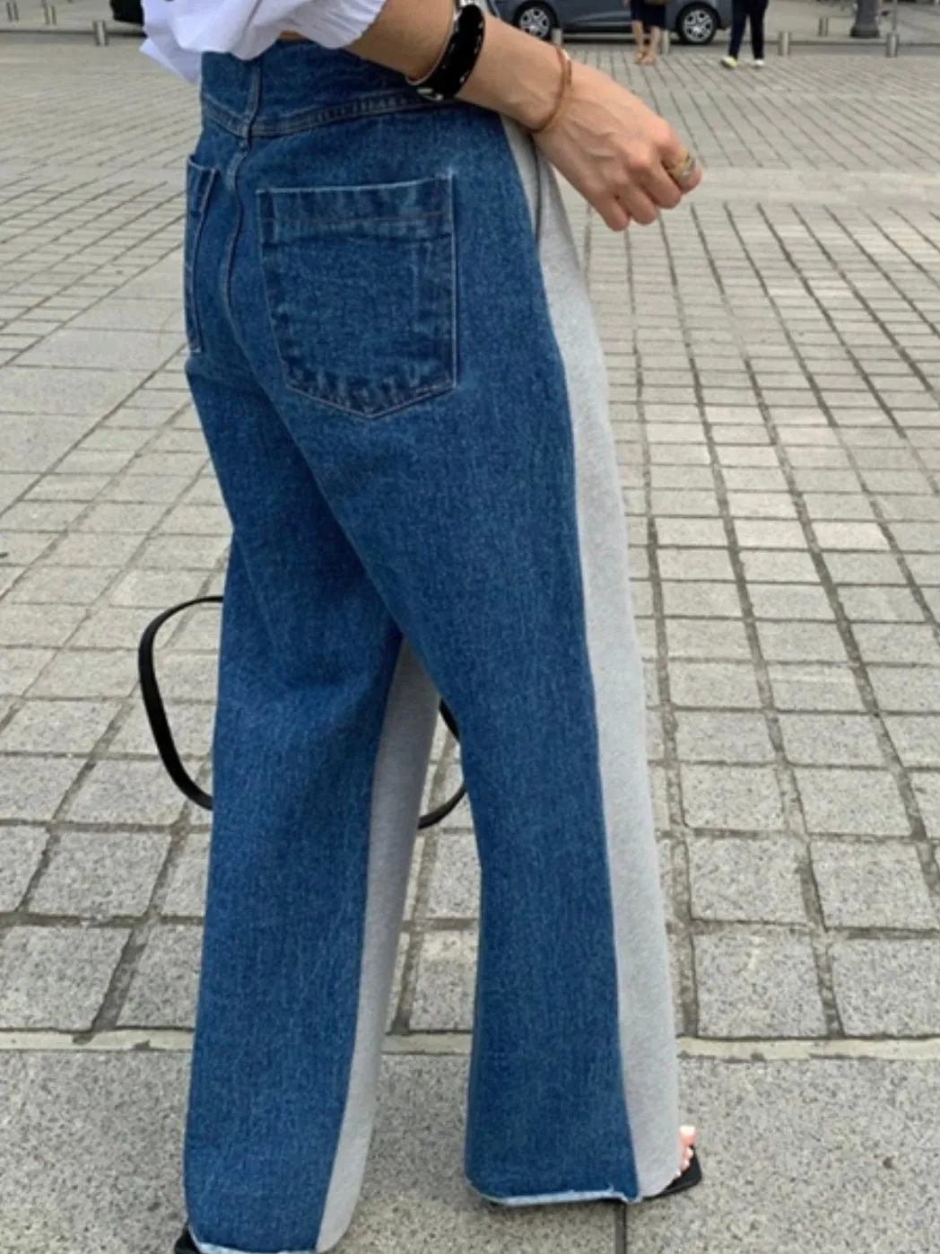 Blue jeans and gray front and back mix fabrics pants