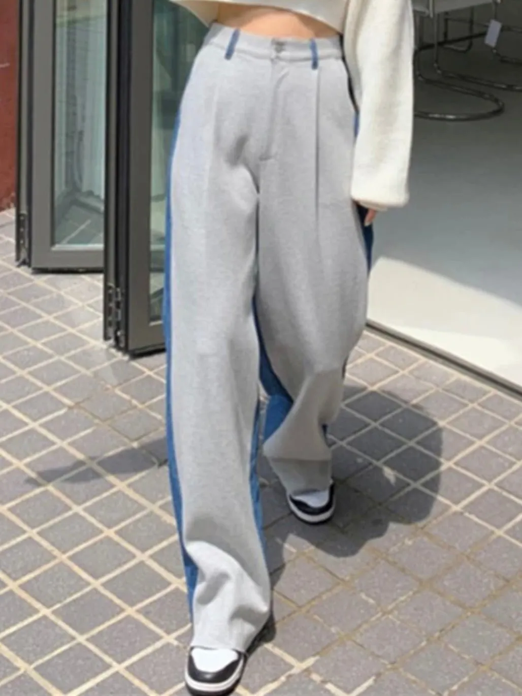 Blue jeans and gray front and back mix fabrics pants