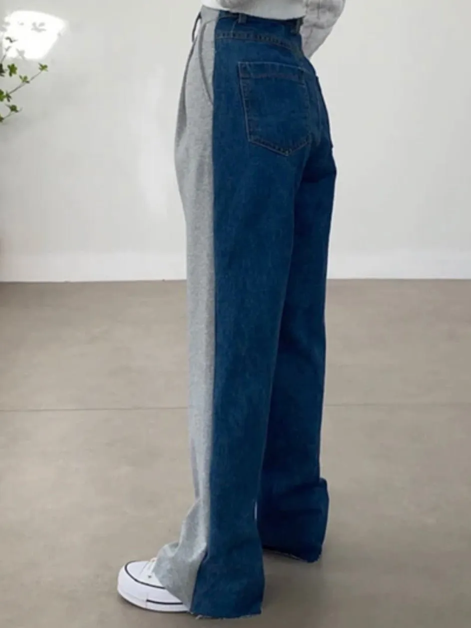 Blue jeans and gray front and back mix fabrics pants