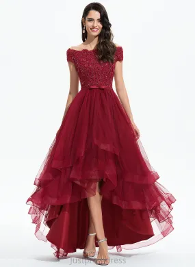 Bow(s) A-Line Length Silhouette Embellishment Asymmetrical Beading Sequins Fabric Neckline Off-the-Shoulder Guadalupe Bridesmaid Dresses