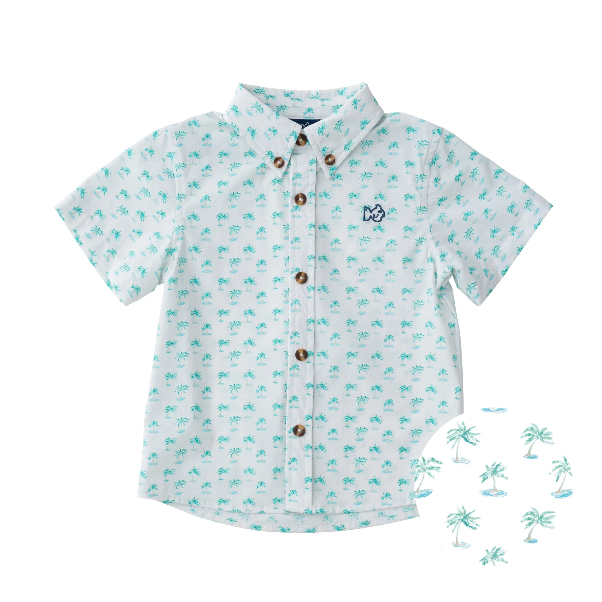 Boys' Short Sleeve Fishing Shirt in Palm Tree Print on White