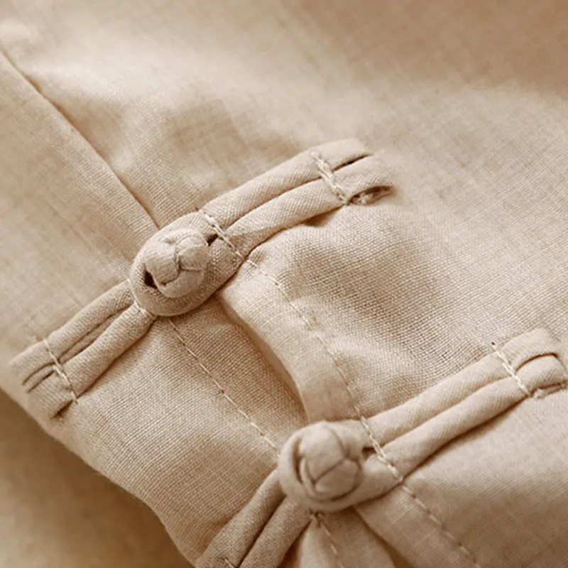 Buddha Stones Casual Plain Color Chinese Frog Button Cotton Linen Women's Wide Leg Pants