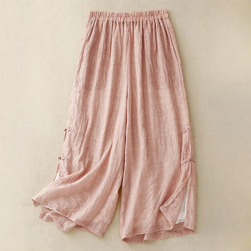 Buddha Stones Casual Plain Color Chinese Frog Button Cotton Linen Women's Wide Leg Pants