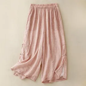 Buddha Stones Casual Plain Color Chinese Frog Button Cotton Linen Women's Wide Leg Pants