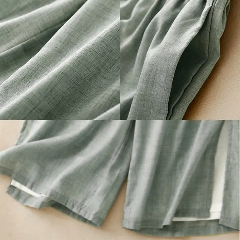 Buddha Stones Casual Plain Color Chinese Frog Button Cotton Linen Women's Wide Leg Pants