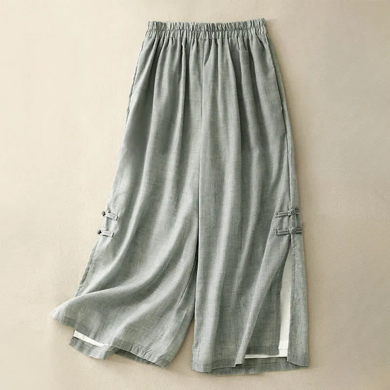Buddha Stones Casual Plain Color Chinese Frog Button Cotton Linen Women's Wide Leg Pants