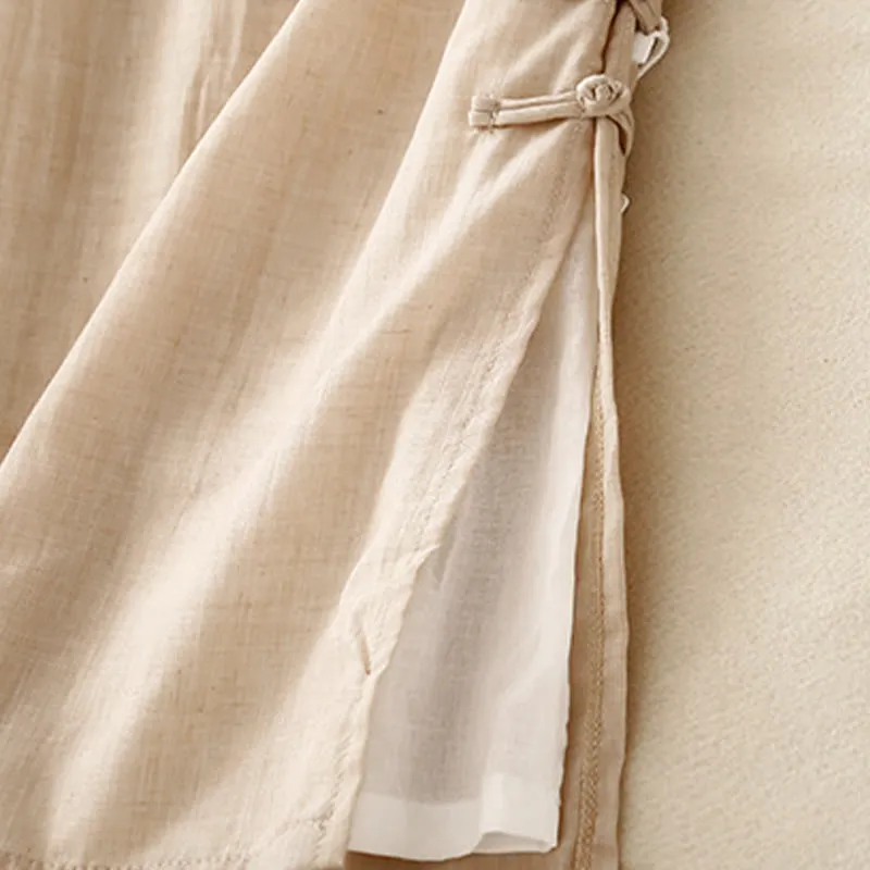Buddha Stones Casual Plain Color Chinese Frog Button Cotton Linen Women's Wide Leg Pants