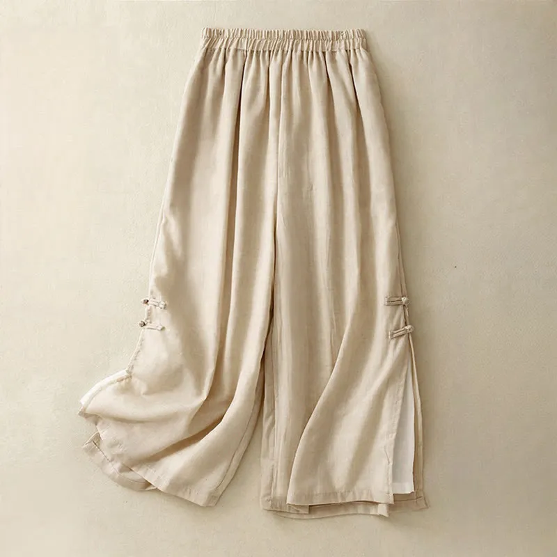 Buddha Stones Casual Plain Color Chinese Frog Button Cotton Linen Women's Wide Leg Pants