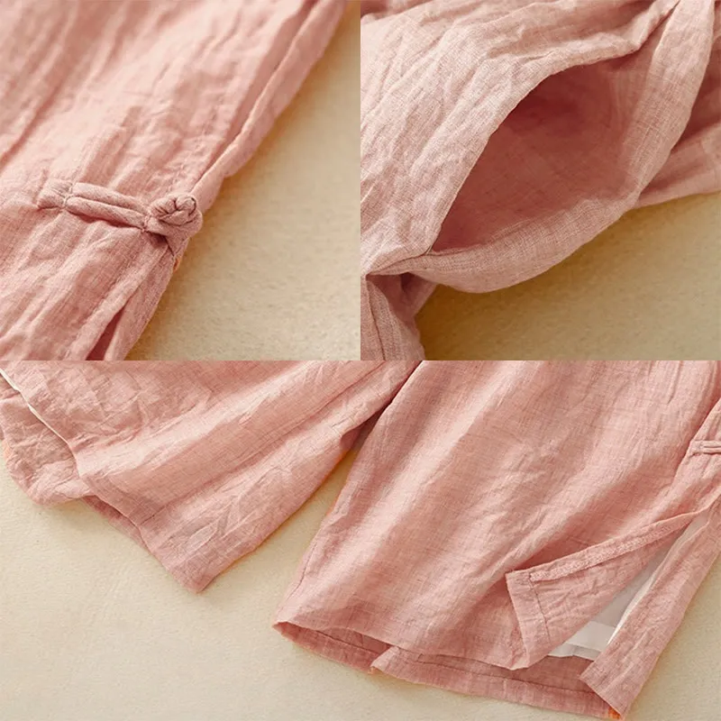Buddha Stones Casual Plain Color Chinese Frog Button Cotton Linen Women's Wide Leg Pants