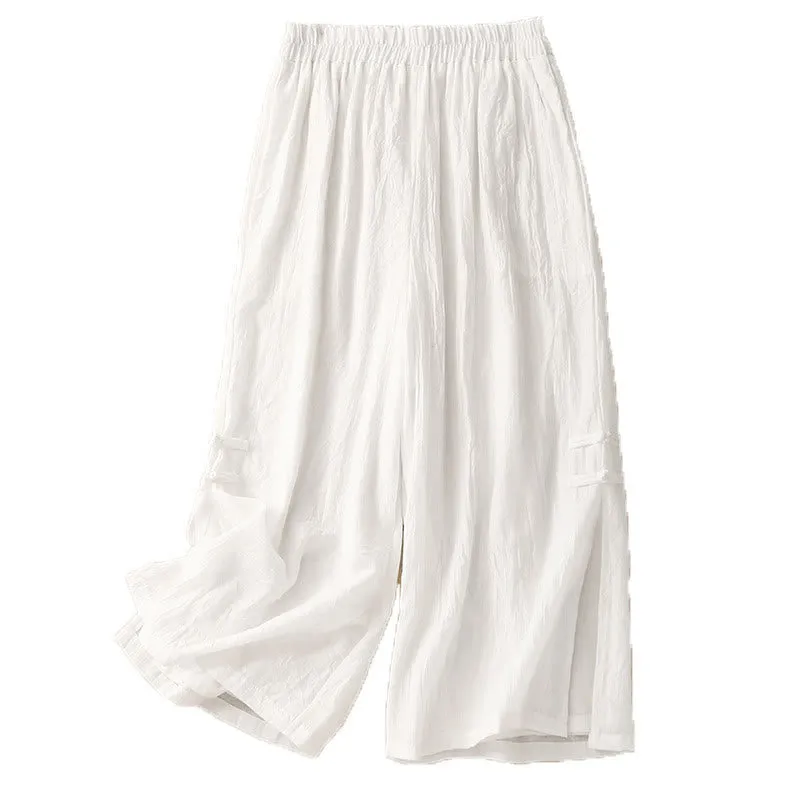 Buddha Stones Casual Plain Color Chinese Frog Button Cotton Linen Women's Wide Leg Pants