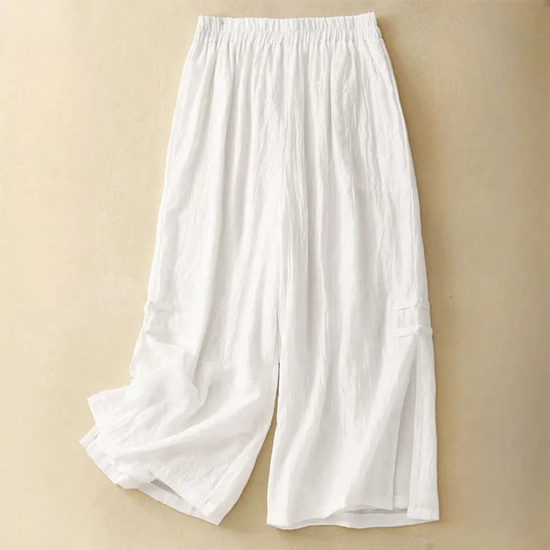 Buddha Stones Casual Plain Color Chinese Frog Button Cotton Linen Women's Wide Leg Pants