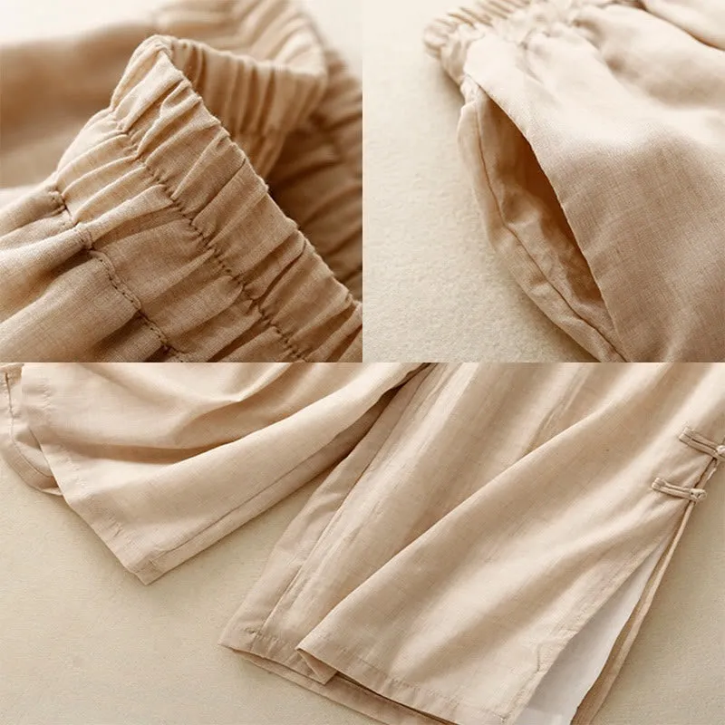 Buddha Stones Casual Plain Color Chinese Frog Button Cotton Linen Women's Wide Leg Pants