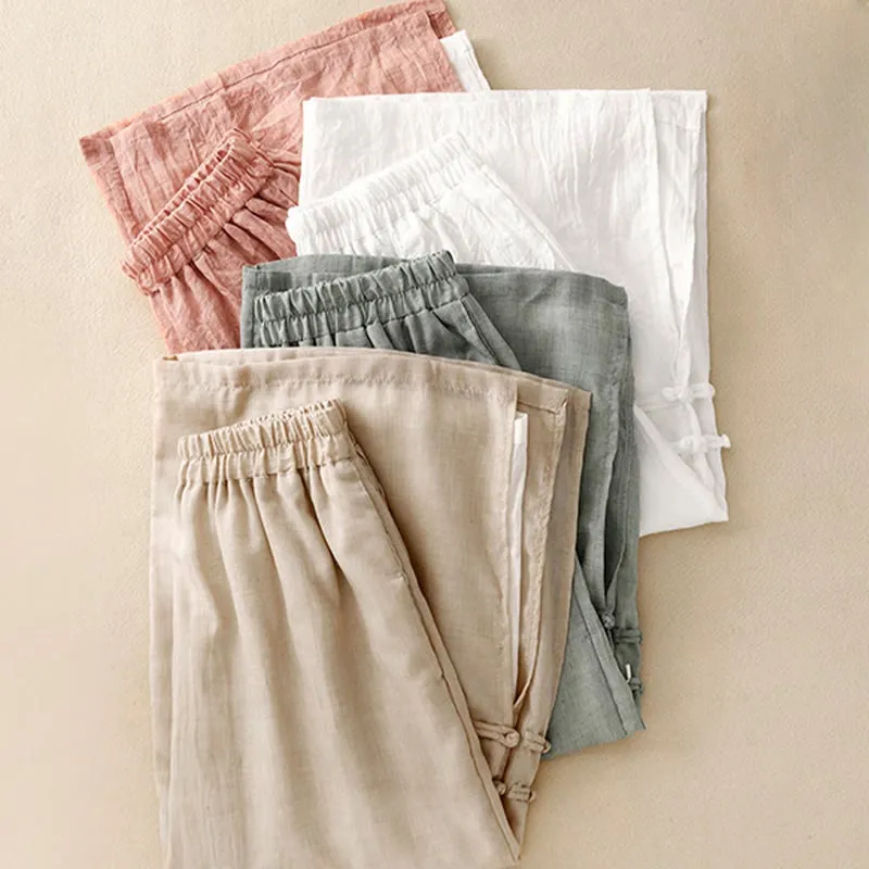 Buddha Stones Casual Plain Color Chinese Frog Button Cotton Linen Women's Wide Leg Pants