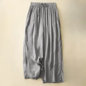 Buddha Stones Soft Pure Color Double Layer Drawstring Cotton Linen Women's Wide Leg Pants With Pockets