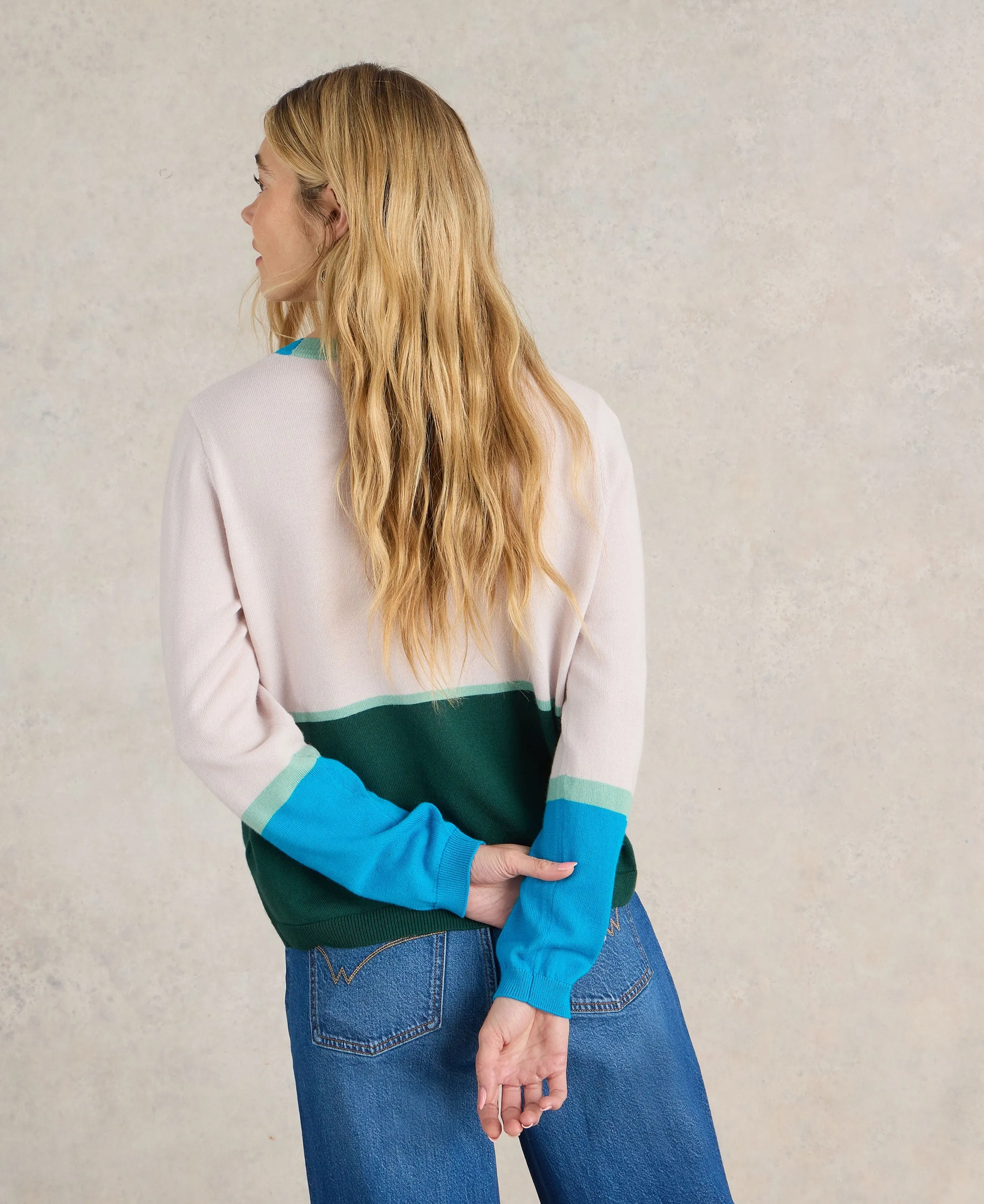 Colour Block Merino Cardi - Natural Multi