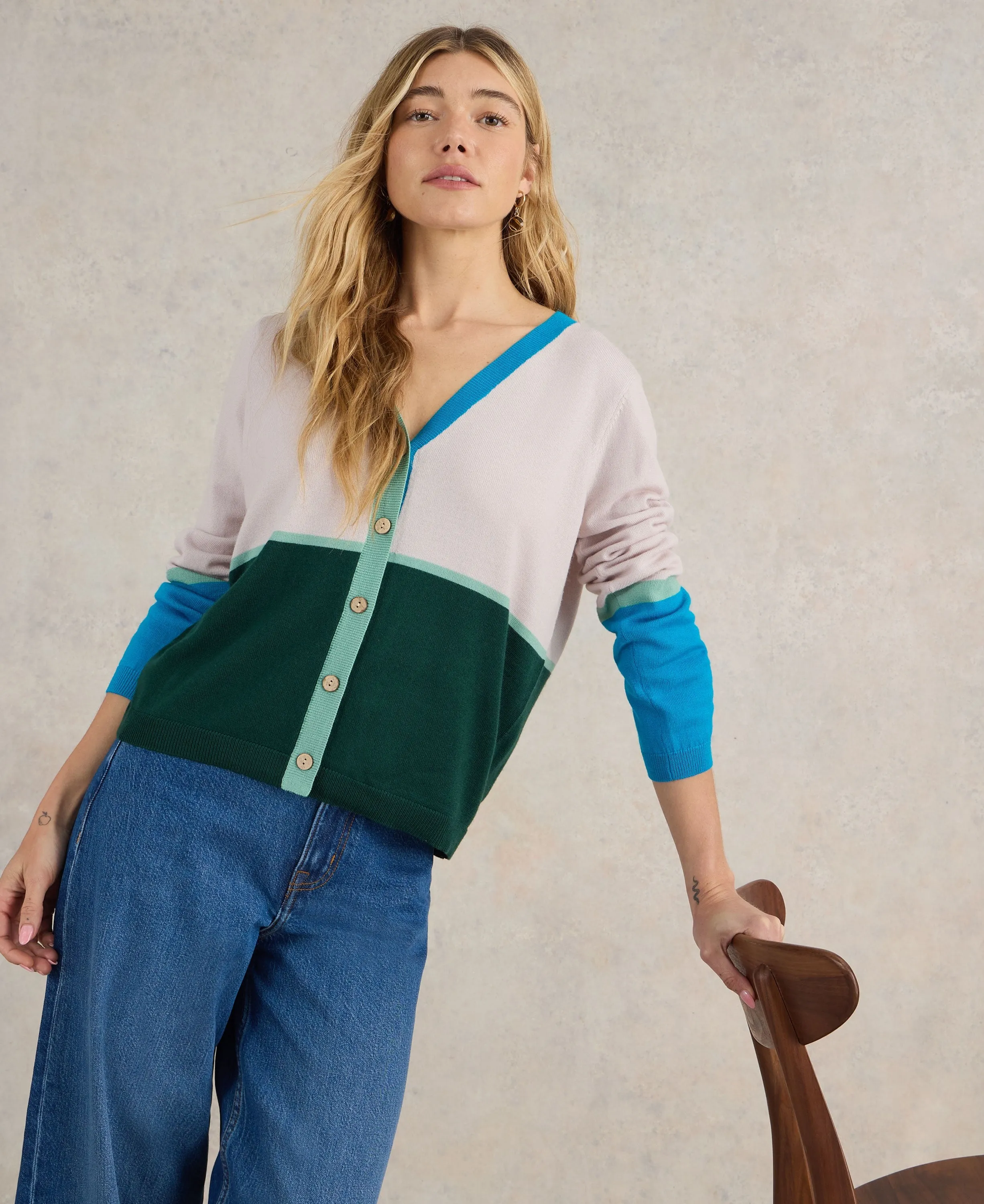 Colour Block Merino Cardi - Natural Multi