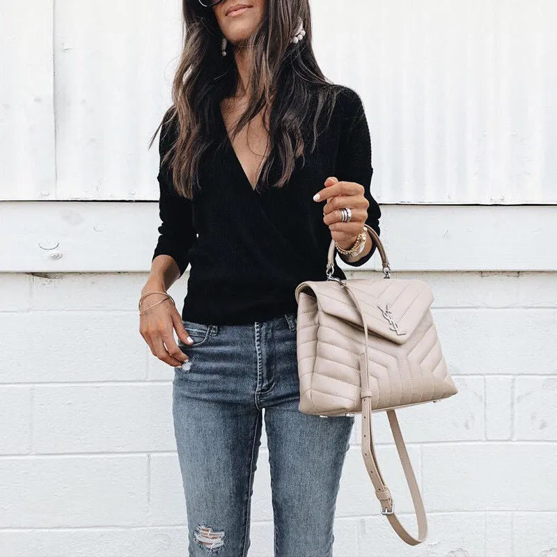 Deep V-neck Cross Bandage Women Pullover Short Sweater